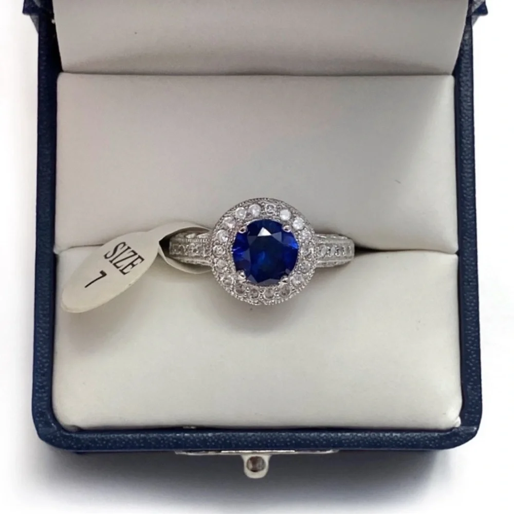 Sterling Silver Sapphire Engagement Ring with CZ Halo Size 7